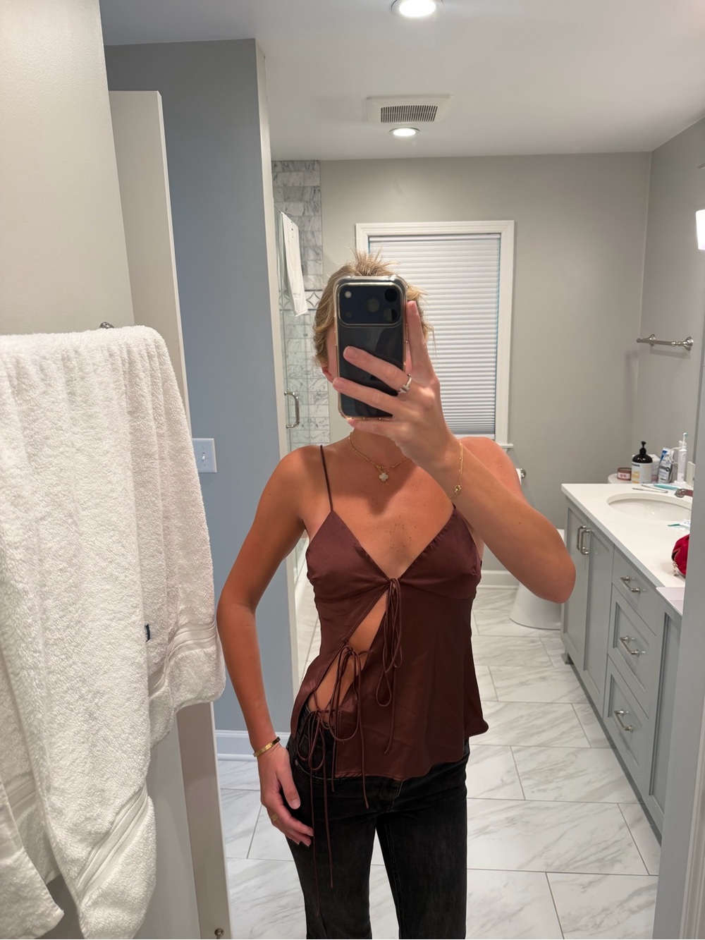 Lioness Chocolate Brown Satin Tie-Front Cami